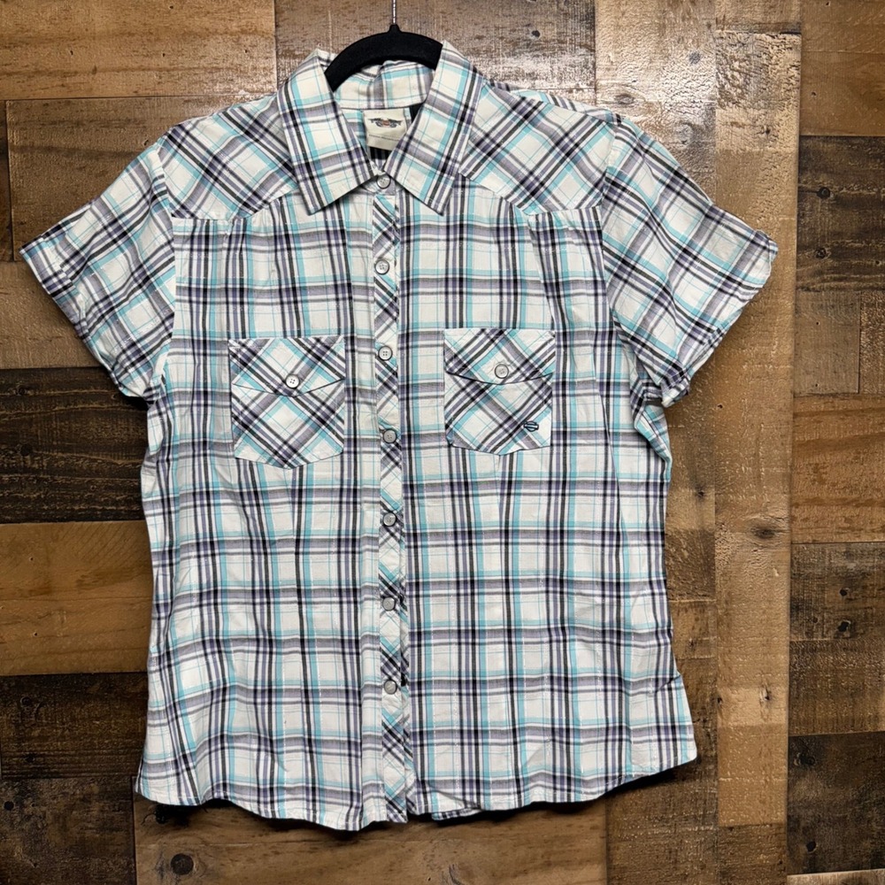Harley Davidson Womens Plaid Embellished Western Shirt Turquoise Purple Size L
